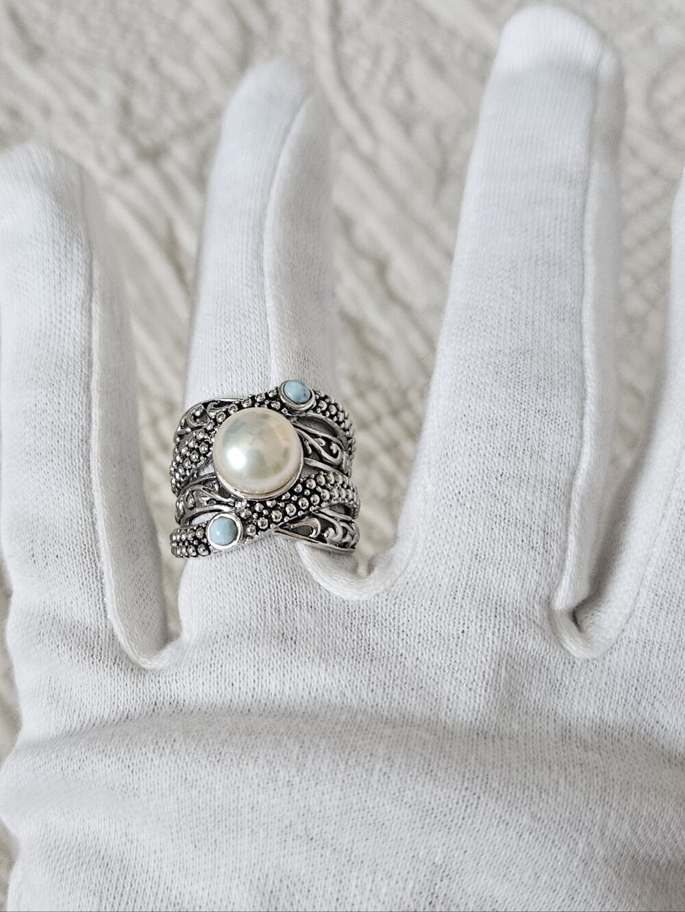Sterling Silver Cultured Pearl And Larimar Ring Sz 9